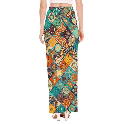 Vintage Mandala Bohemian Pattern Print High Slit Maxi Skirt