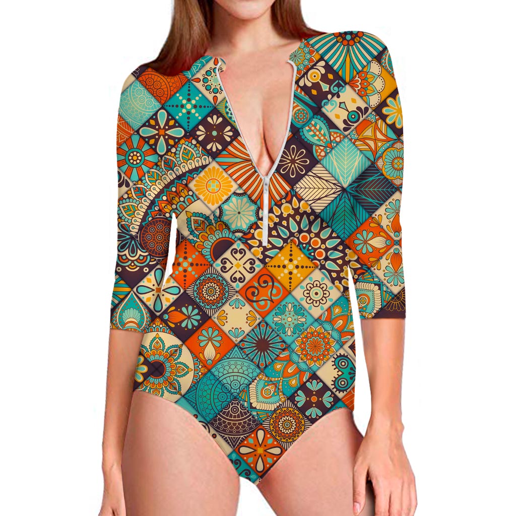 Vintage Mandala Bohemian Pattern Print Long Sleeve Swimsuit