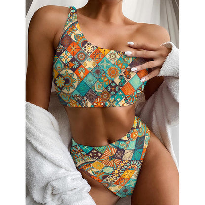 Vintage Mandala Bohemian Pattern Print One Shoulder Bikini Top
