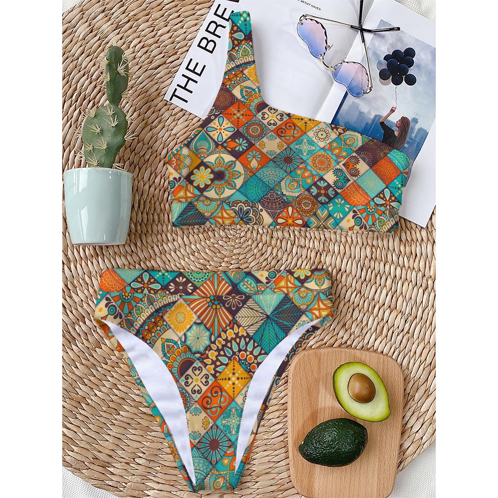 Vintage Mandala Bohemian Pattern Print One Shoulder Bikini Top