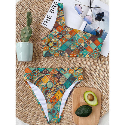 Vintage Mandala Bohemian Pattern Print One Shoulder Bikini Top