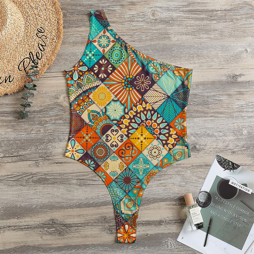 Vintage Mandala Bohemian Pattern Print One Shoulder Bodysuit