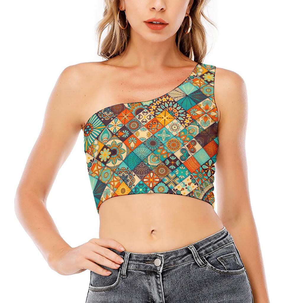 Vintage Mandala Bohemian Pattern Print One Shoulder Crop Top