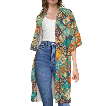 Vintage Mandala Bohemian Pattern Print Open Front Beach Cover Up