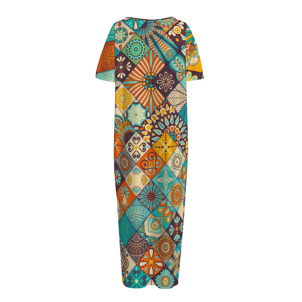 Vintage Mandala Bohemian Pattern Print Short Sleeve Long Nightdress