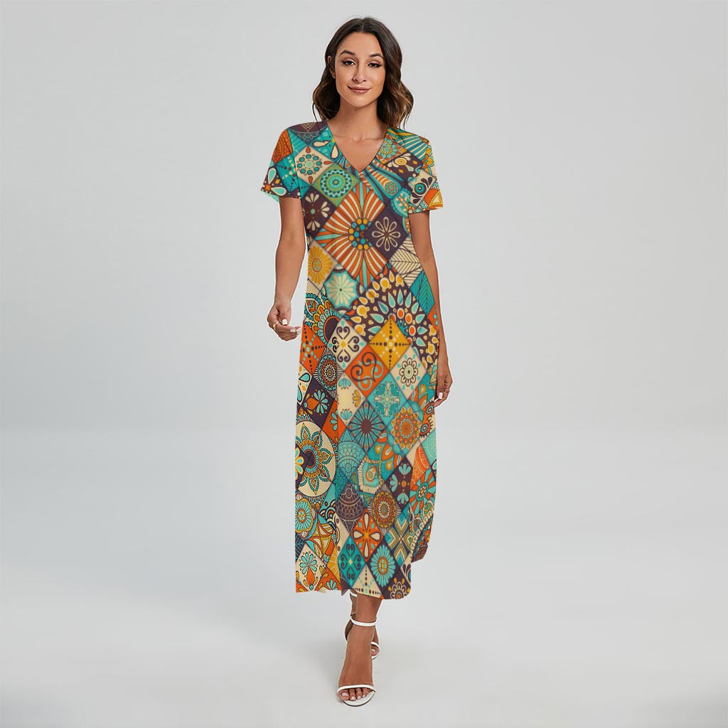 Vintage Mandala Bohemian Pattern Print Short Sleeve Maxi Dress