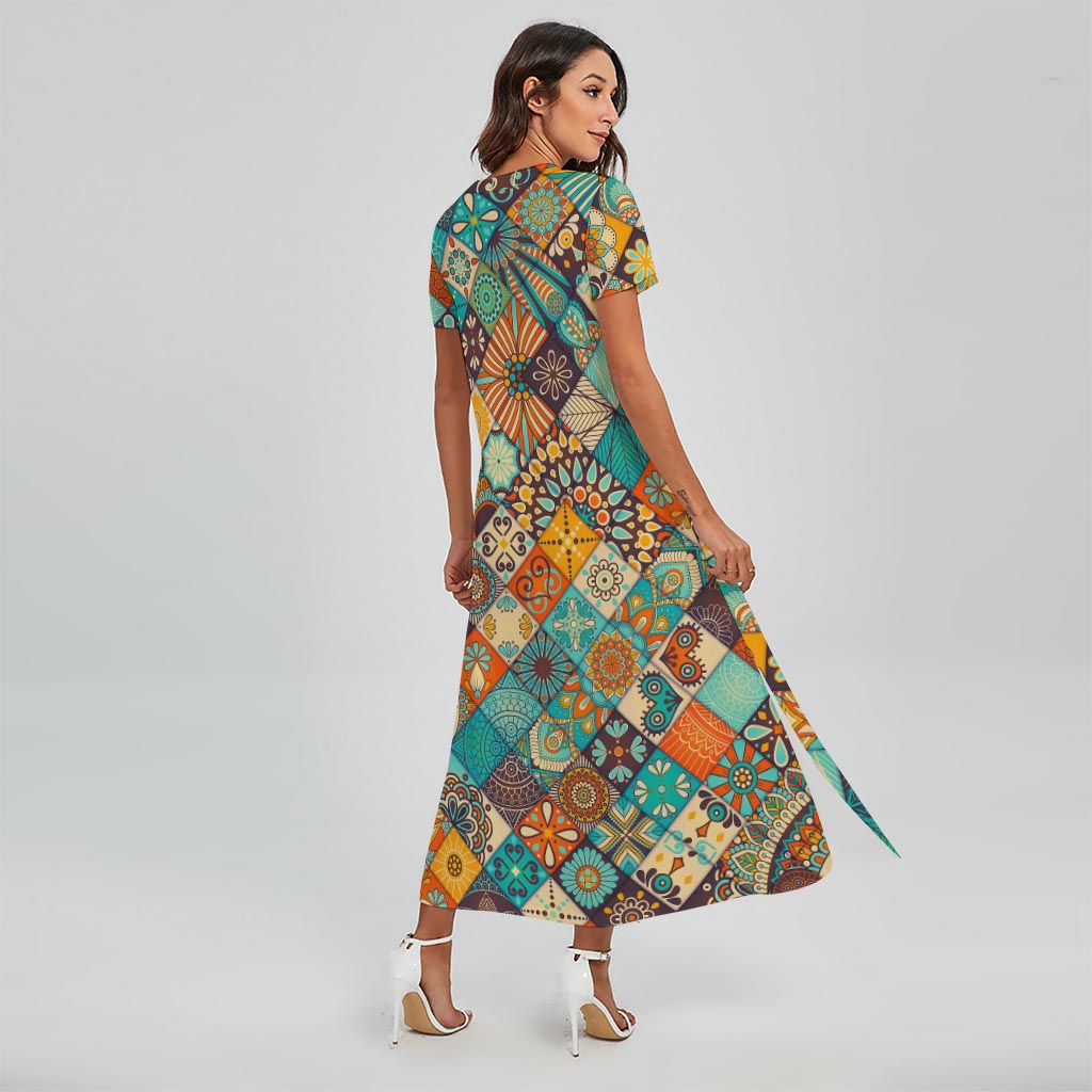 Vintage Mandala Bohemian Pattern Print Short Sleeve Maxi Dress