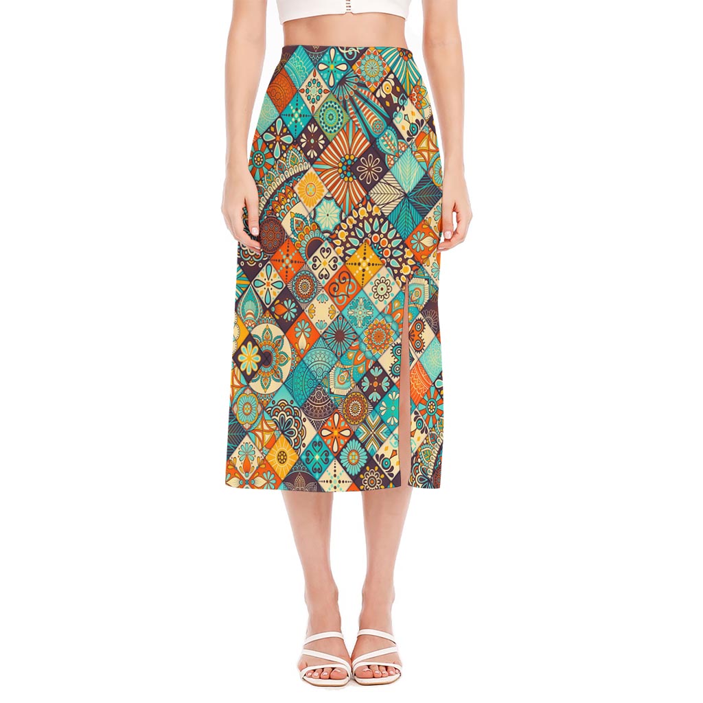 Vintage Mandala Bohemian Pattern Print Side Slit Midi Skirt