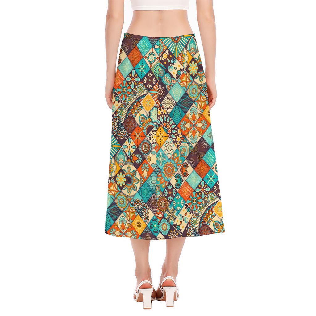 Vintage Mandala Bohemian Pattern Print Side Slit Midi Skirt