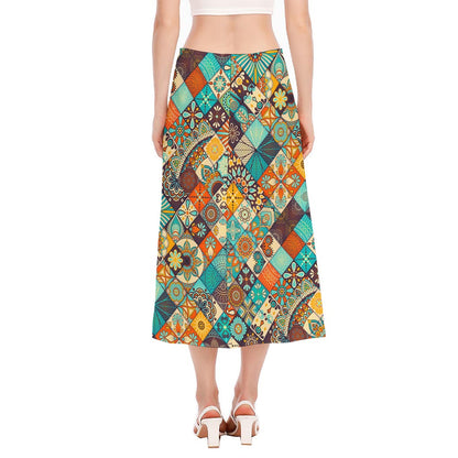 Vintage Mandala Bohemian Pattern Print Side Slit Midi Skirt