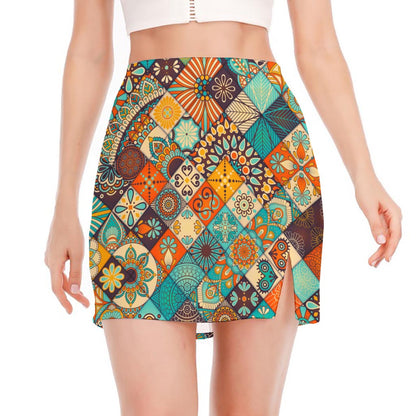 Vintage Mandala Bohemian Pattern Print Side Slit Mini Skirt