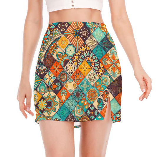 Vintage Mandala Bohemian Pattern Print Side Slit Mini Skirt