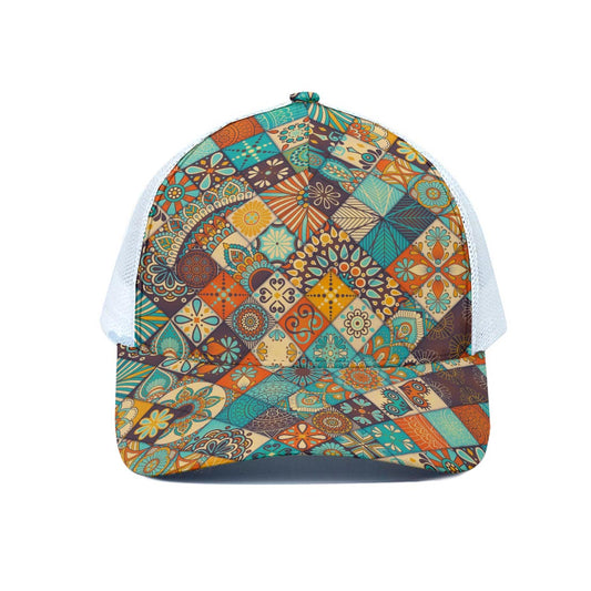 Vintage Mandala Bohemian Pattern Print White Mesh Trucker Cap