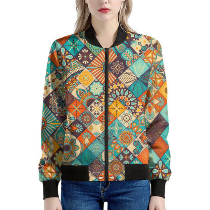 Vintage Mandala Bohemian Pattern Print Women's Bomber Jacket