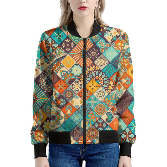 Vintage Mandala Bohemian Pattern Print Women's Bomber Jacket