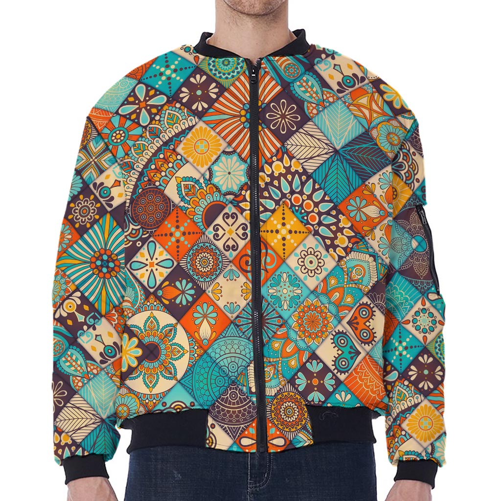 Vintage Mandala Bohemian Pattern Print Zip Sleeve Bomber Jacket