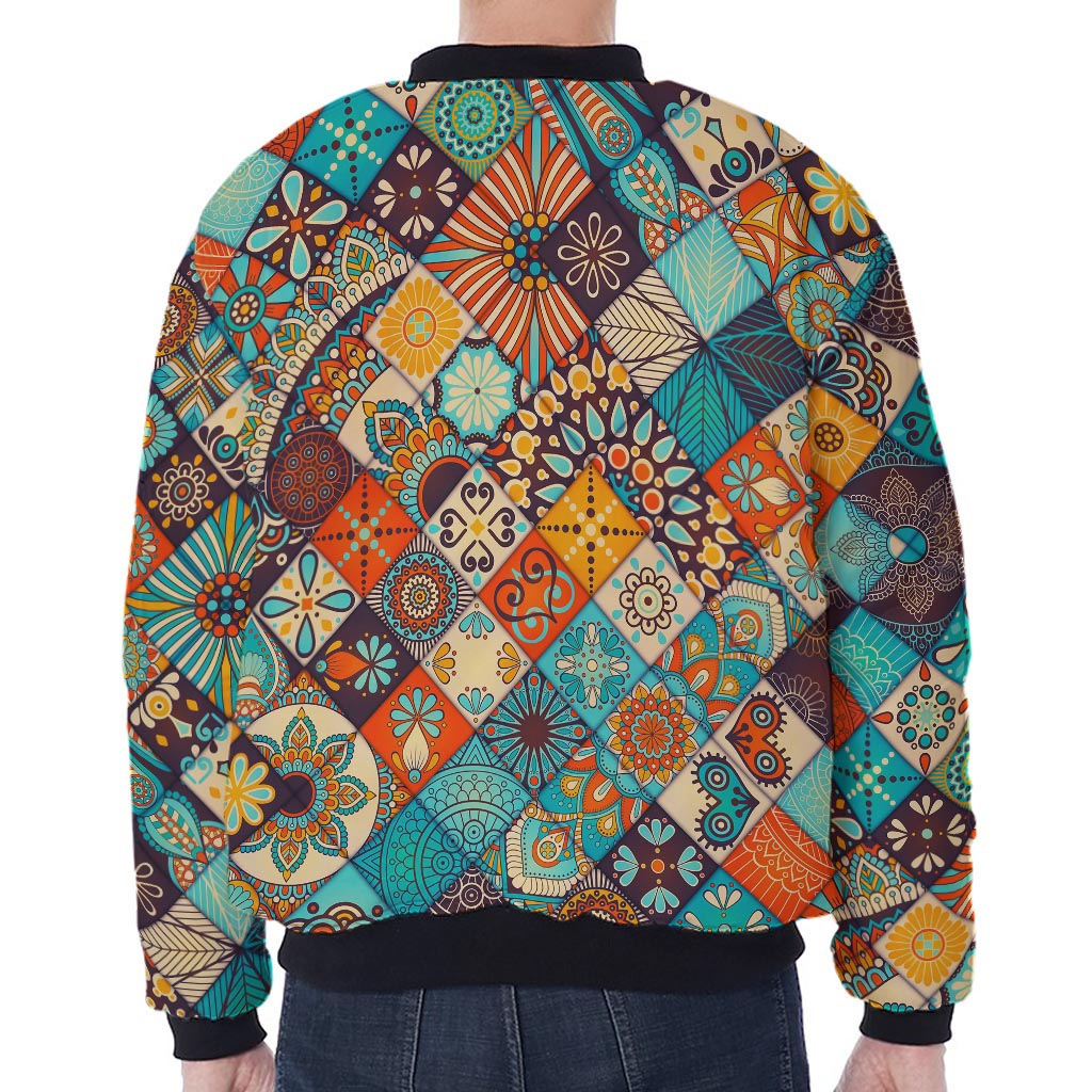 Vintage Mandala Bohemian Pattern Print Zip Sleeve Bomber Jacket