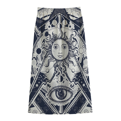 Vintage Masonic Freemasonry Print Cotton Front Slit Maxi Skirt