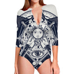 Vintage Masonic Freemasonry Print Long Sleeve Swimsuit