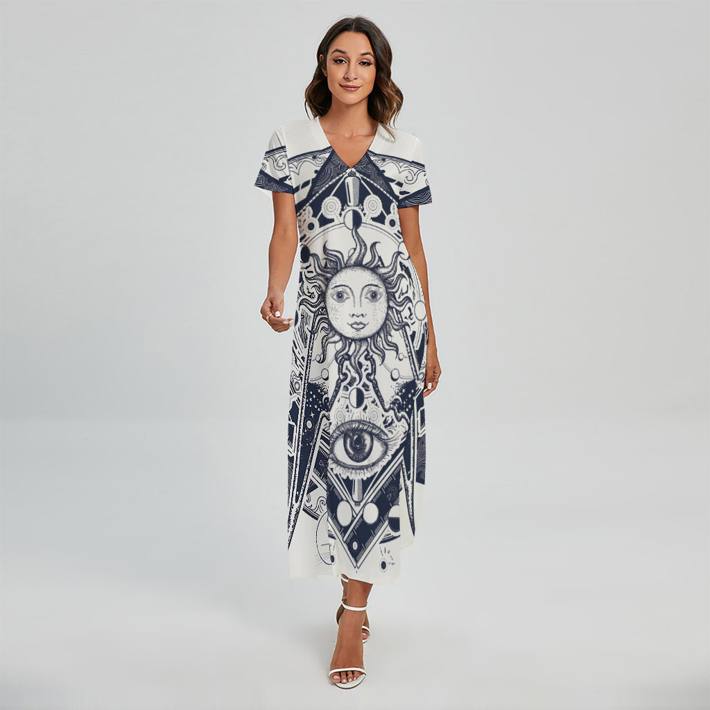 Vintage Masonic Freemasonry Print Short Sleeve Maxi Dress