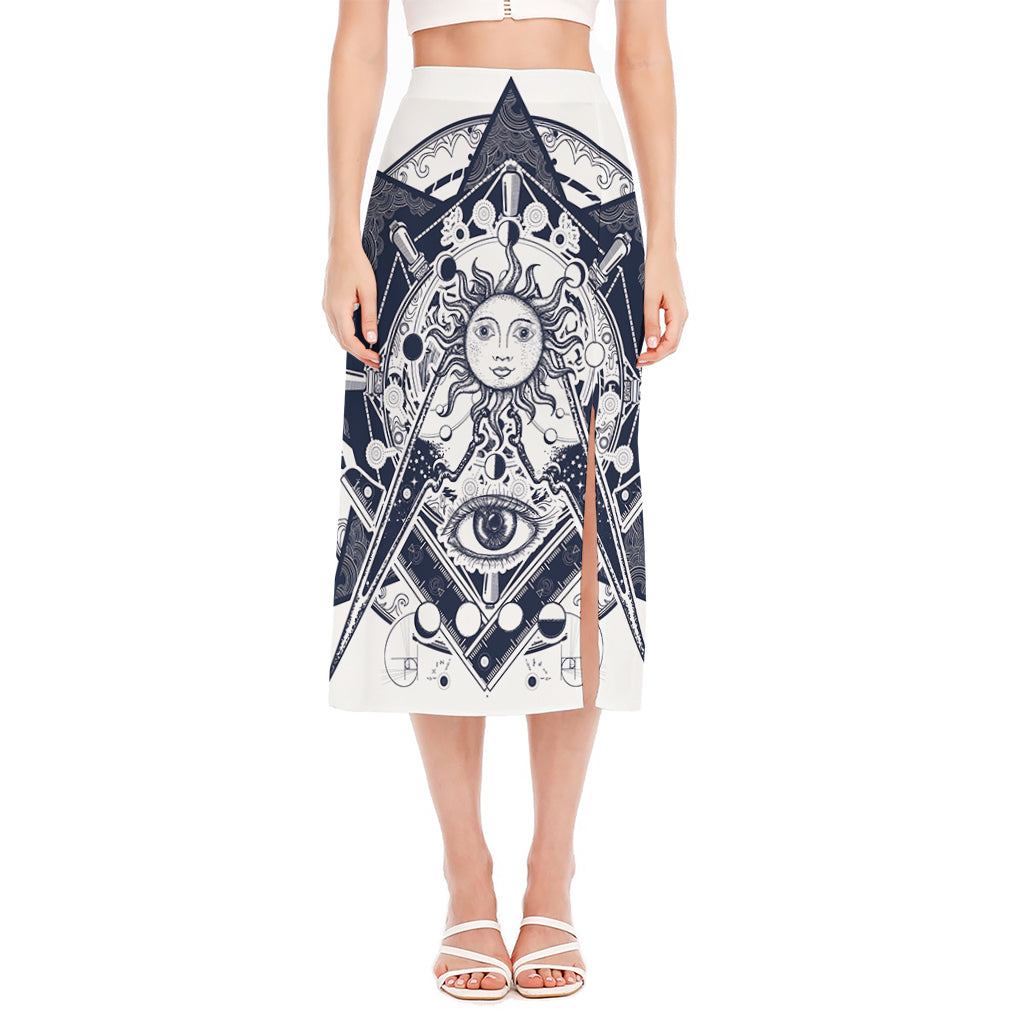 Vintage Masonic Freemasonry Print Side Slit Midi Skirt