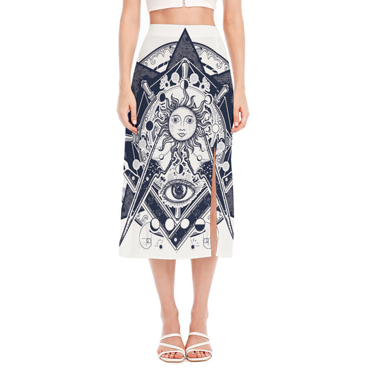 Vintage Masonic Freemasonry Print Side Slit Midi Skirt