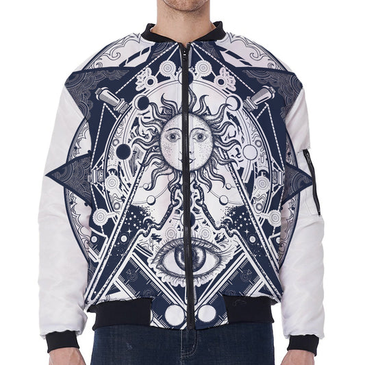 Vintage Masonic Freemasonry Print Zip Sleeve Bomber Jacket