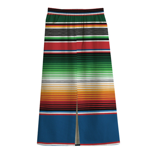 Vintage Mexican Blanket Pattern Print Cotton Front Slit Maxi Skirt