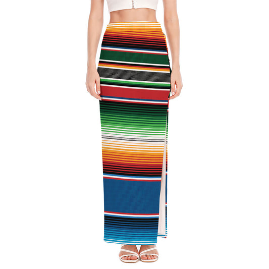 Vintage Mexican Blanket Pattern Print High Slit Maxi Skirt