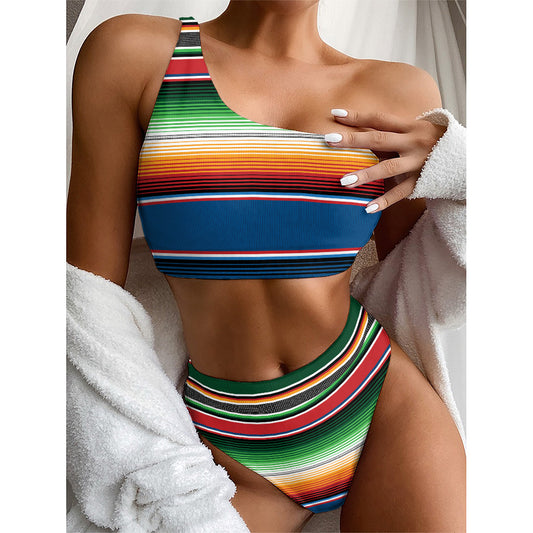 Vintage Mexican Blanket Pattern Print One Shoulder Bikini Top
