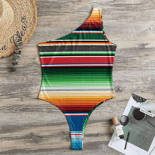 Vintage Mexican Blanket Pattern Print One Shoulder Bodysuit
