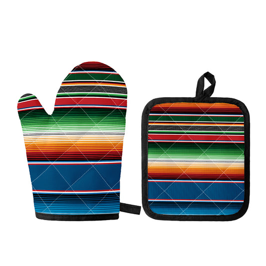 Vintage Mexican Blanket Pattern Print Oven Mitt And Pot Holder Set