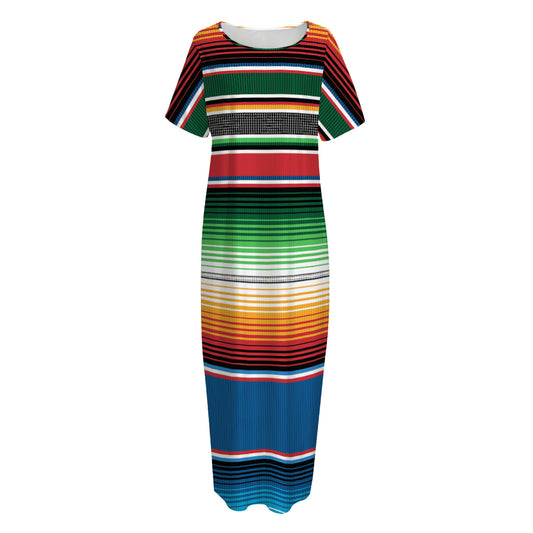 Vintage Mexican Blanket Pattern Print Short Sleeve Long Nightdress