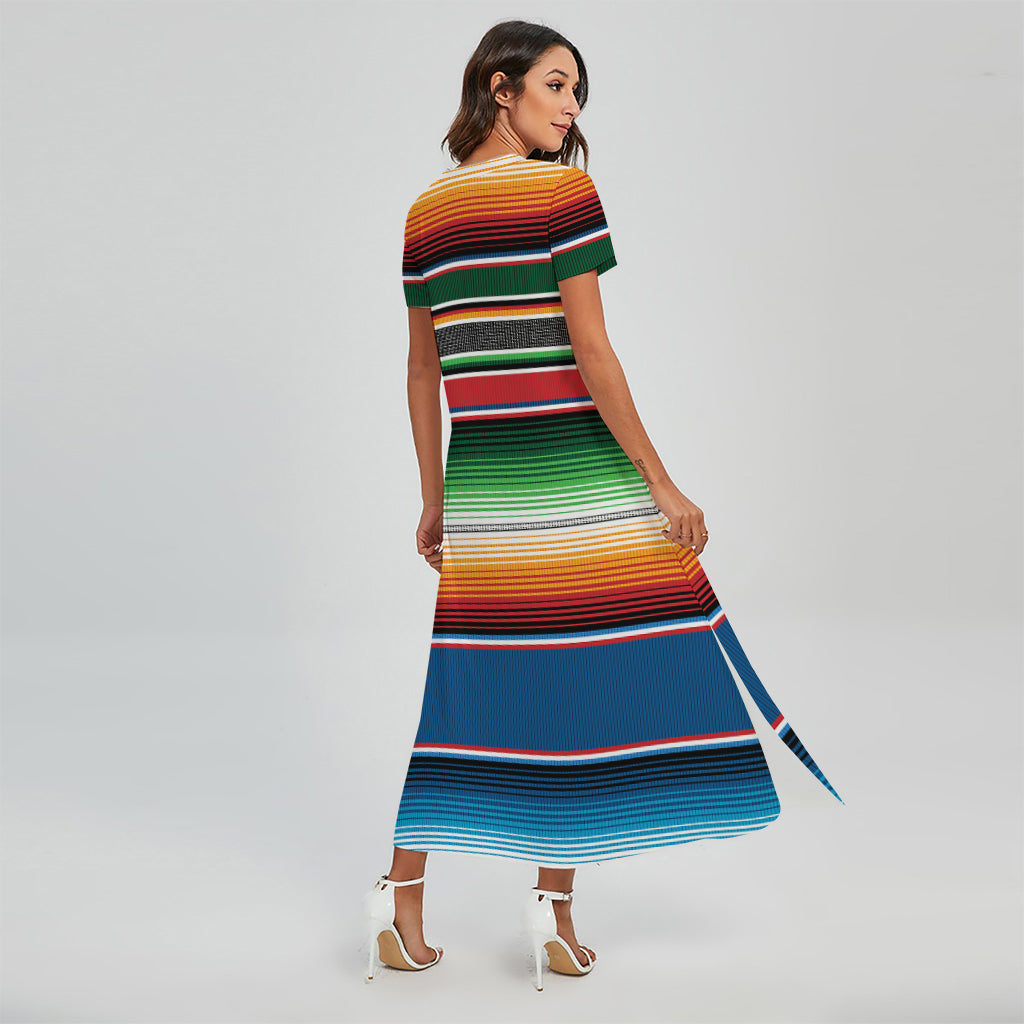 Vintage Mexican Blanket Pattern Print Short Sleeve Maxi Dress