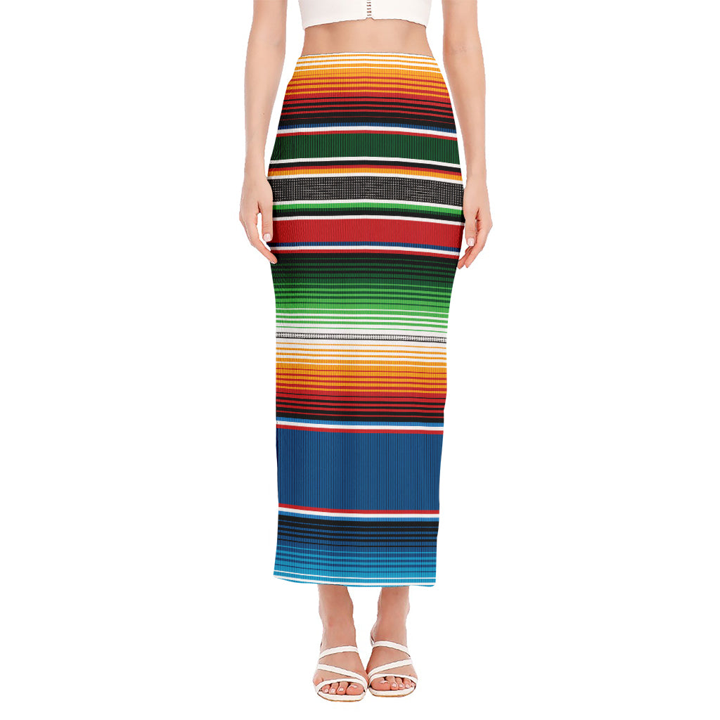 Vintage Mexican Blanket Pattern Print Side Slit Maxi Skirt