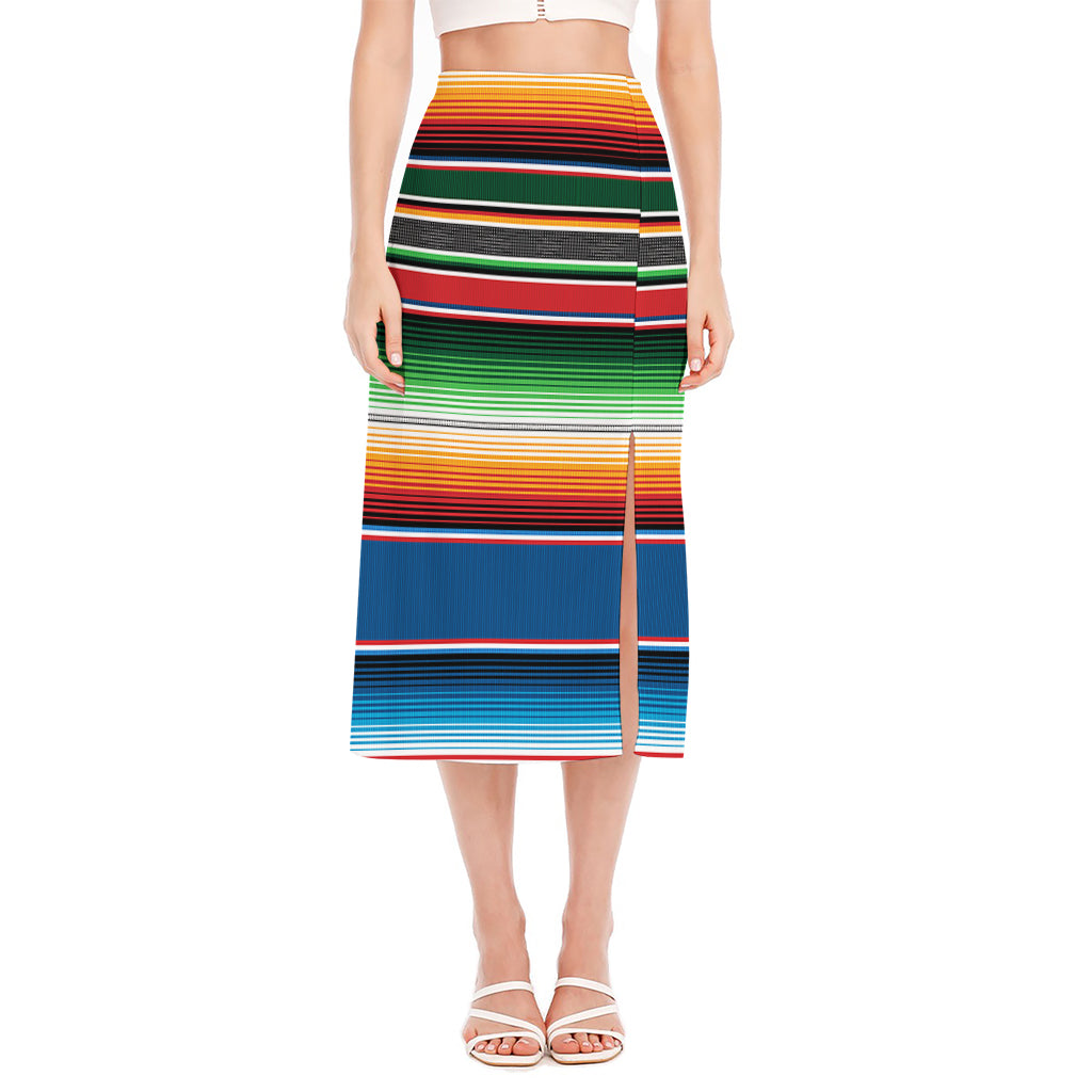 Vintage Mexican Blanket Pattern Print Side Slit Midi Skirt