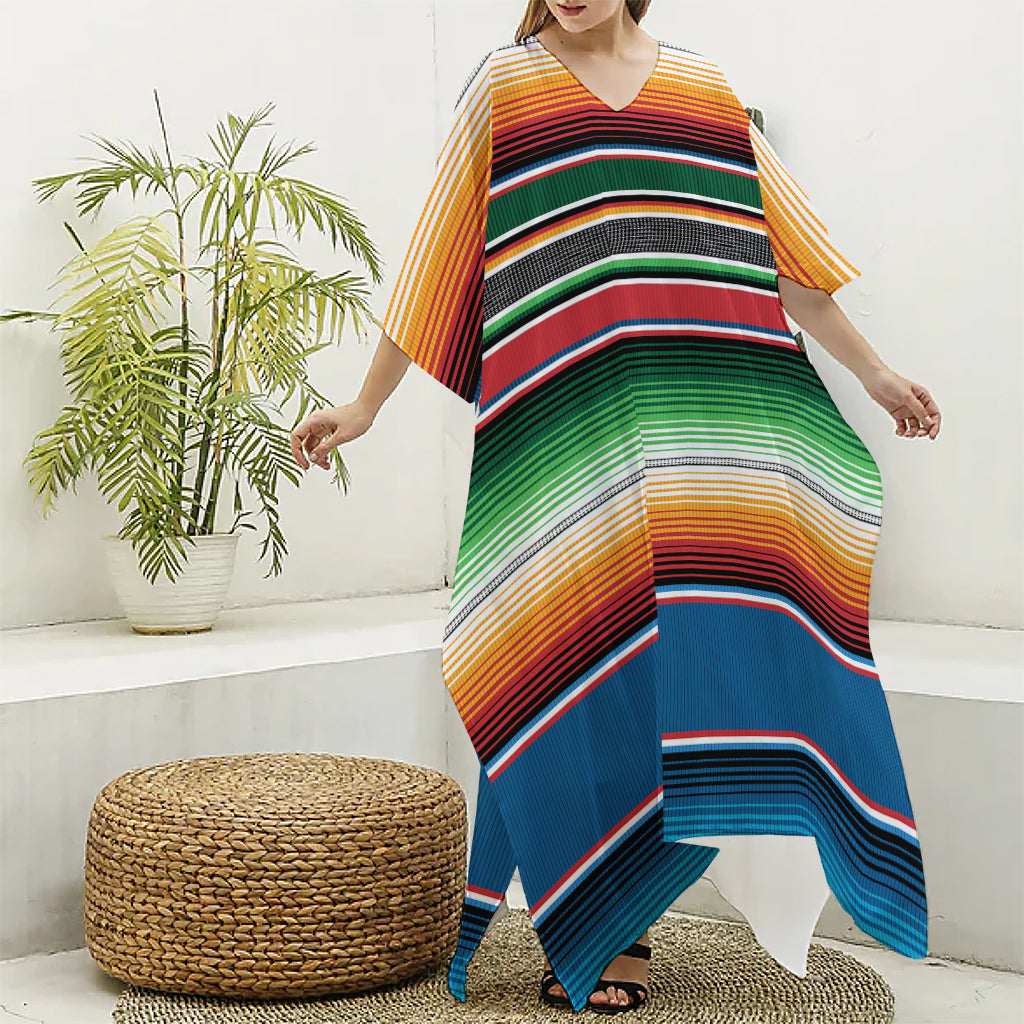 Vintage Mexican Blanket Pattern Print Silk V-Neck Kaftan Dress