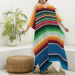 Vintage Mexican Blanket Pattern Print Silk V-Neck Kaftan Dress