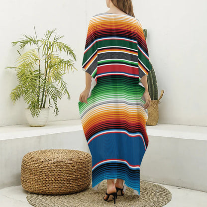 Vintage Mexican Blanket Pattern Print Silk V-Neck Kaftan Dress