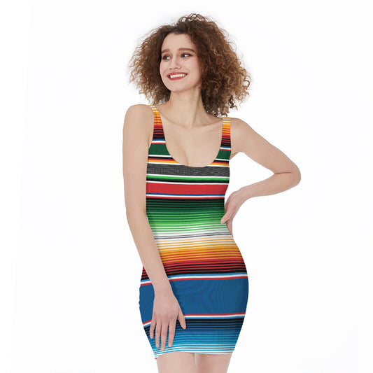 Vintage Mexican Blanket Pattern Print Sleeveless Bodycon Dress