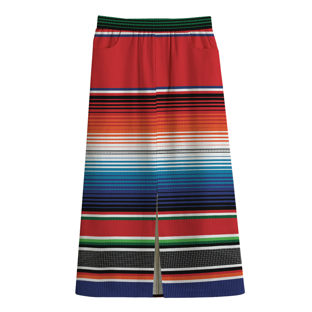 Vintage Mexican Serape Pattern Print Cotton Front Slit Maxi Skirt