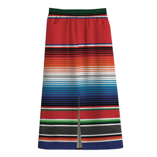Vintage Mexican Serape Pattern Print Cotton Front Slit Maxi Skirt