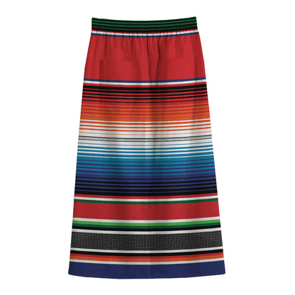 Vintage Mexican Serape Pattern Print Cotton Front Slit Maxi Skirt
