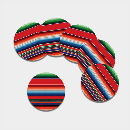 Vintage Mexican Serape Pattern Print Leather Coaster Set
