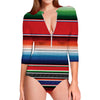 Vintage Mexican Serape Pattern Print Long Sleeve Swimsuit