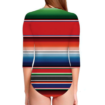 Vintage Mexican Serape Pattern Print Long Sleeve Swimsuit