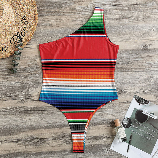 Vintage Mexican Serape Pattern Print One Shoulder Bodysuit