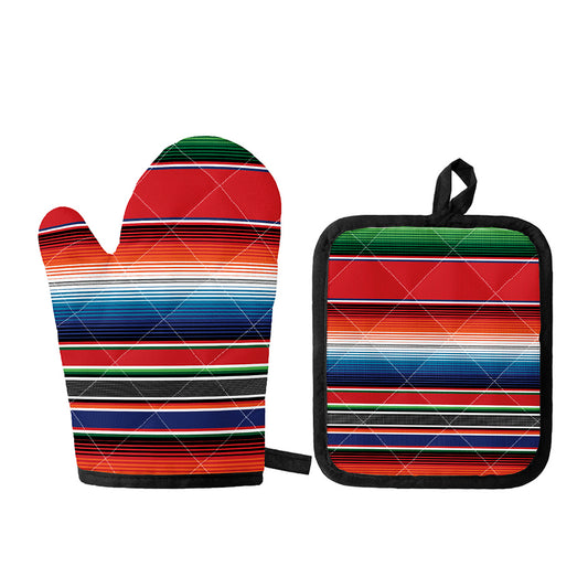 Vintage Mexican Serape Pattern Print Oven Mitt And Pot Holder Set