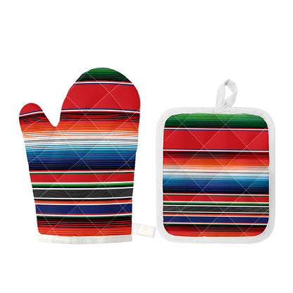 Vintage Mexican Serape Pattern Print Oven Mitt And Pot Holder Set