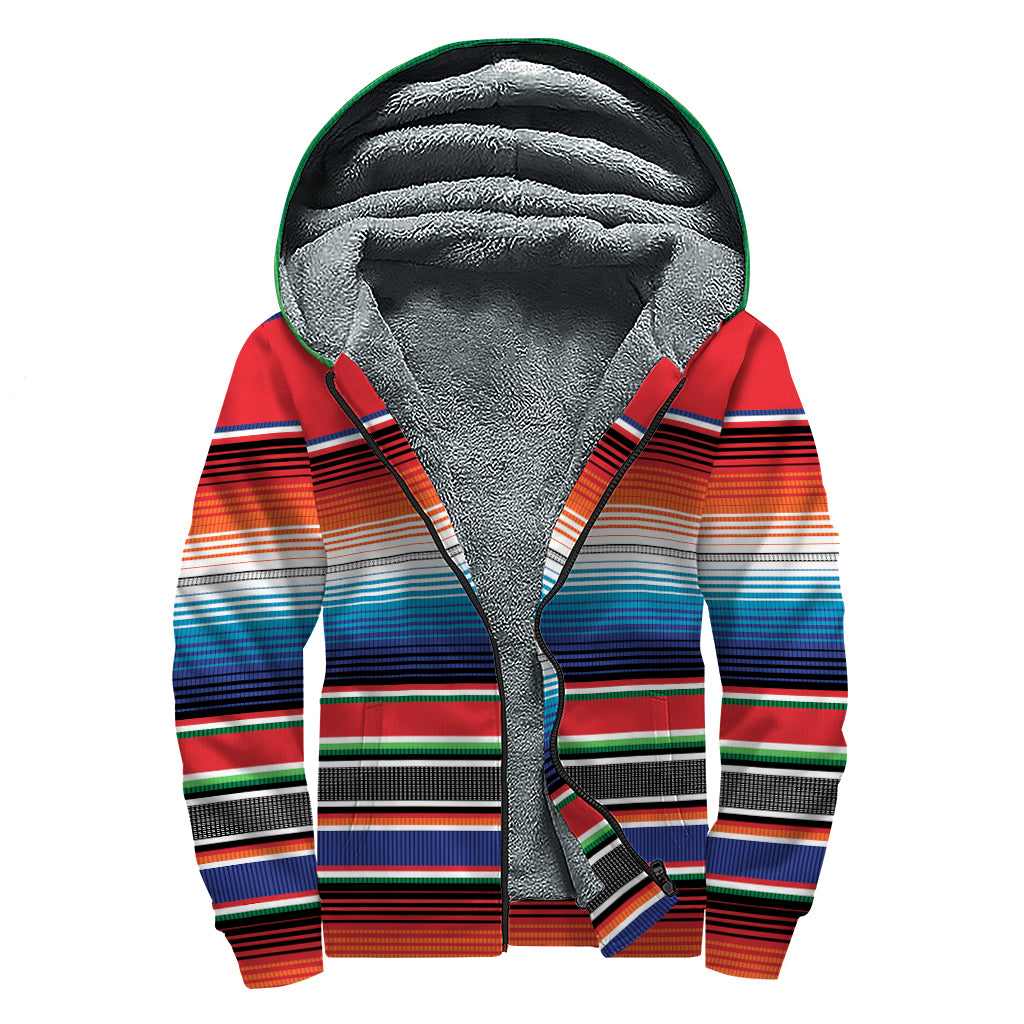 Vintage Mexican Serape Pattern Print Sherpa Lined Zip Up Hoodie